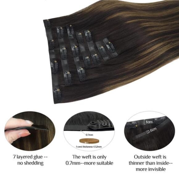 Hair Extensions Clip in Human Hair Dark Brown to Chestnut Brown 7pcs 150g 20Inch - Picture 4 of 7